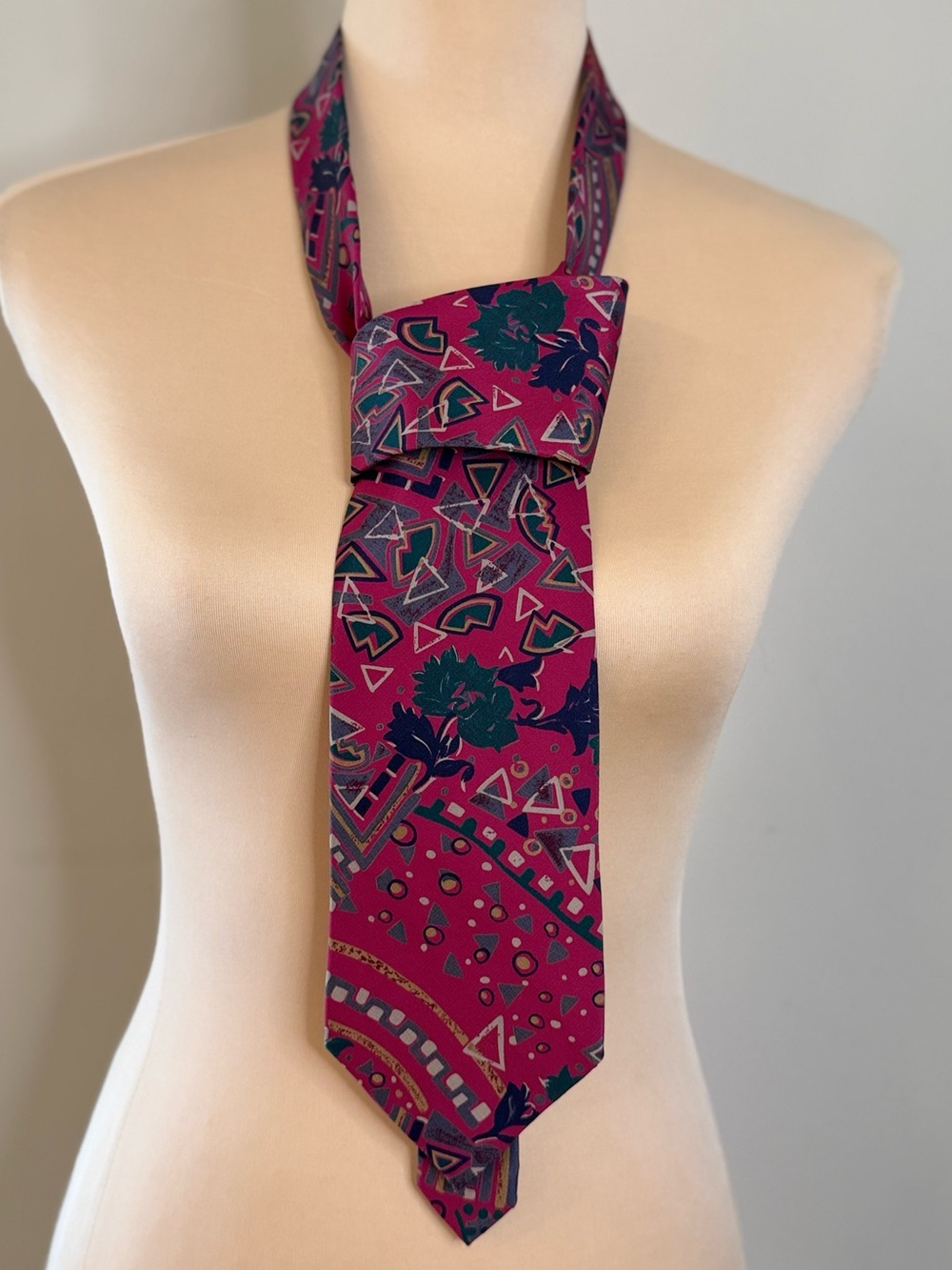 Ted Lapidus silk retro tie geometric red gold green gray white